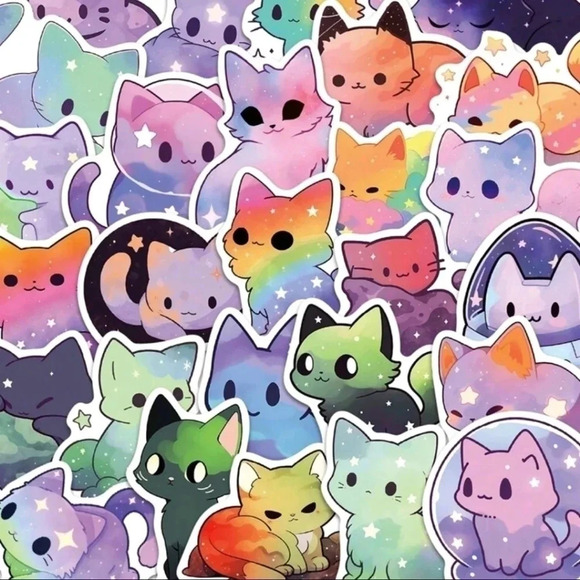 Cute fun 50 piece set vibrant vinyl stickers cat galaxy print rainbow print long - Picture 1 of 8